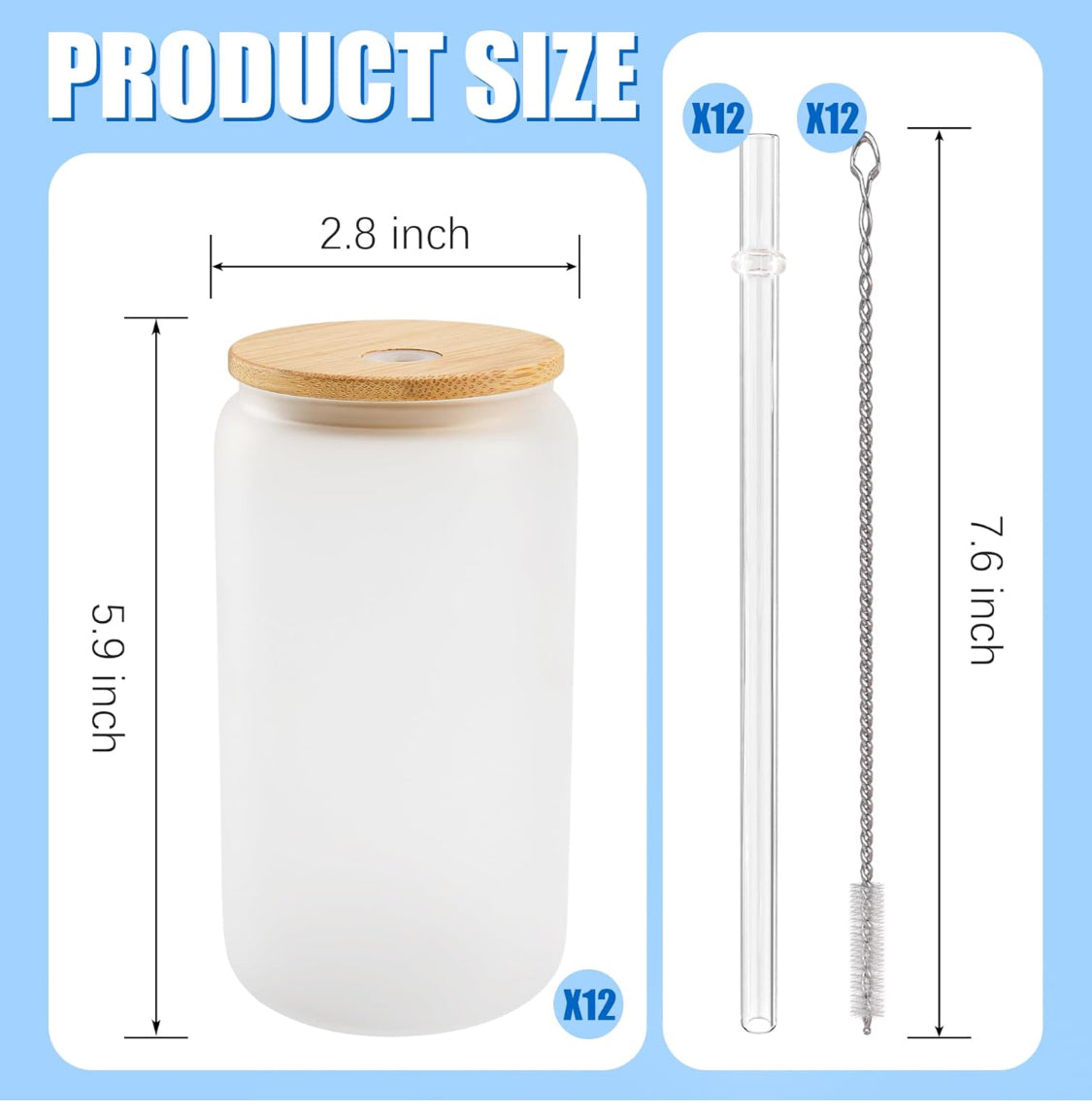 16 OZ FROSTED GLASS TUMBLER, Glass Tumbler w/ Bamboo Lid & Straw