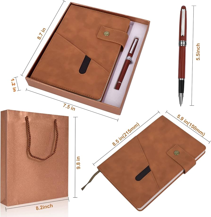 A5 Leather Journal Notebook Set with Pen & Gift Box – 100gsm Thick Ruled Paper for Writing, Travel & Work (5.9" x 8.4")