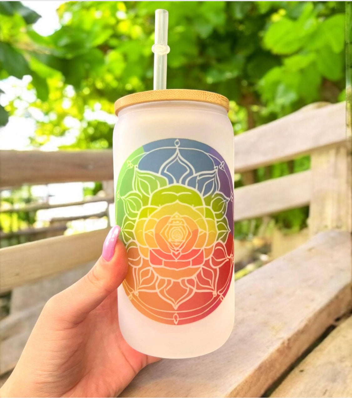 16 OZ FROSTED GLASS TUMBLER, Glass Tumbler w/ Bamboo Lid & Straw