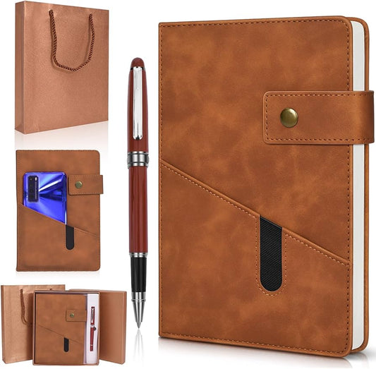 A5 Leather Journal Notebook Set with Pen & Gift Box – 100gsm Thick Ruled Paper for Writing, Travel & Work (5.9" x 8.4")