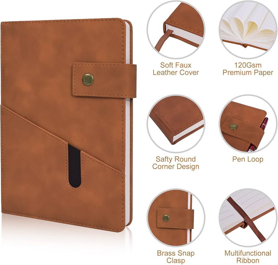 A5 Leather Journal Notebook Set with Pen & Gift Box – 100gsm Thick Ruled Paper for Writing, Travel & Work (5.9" x 8.4")