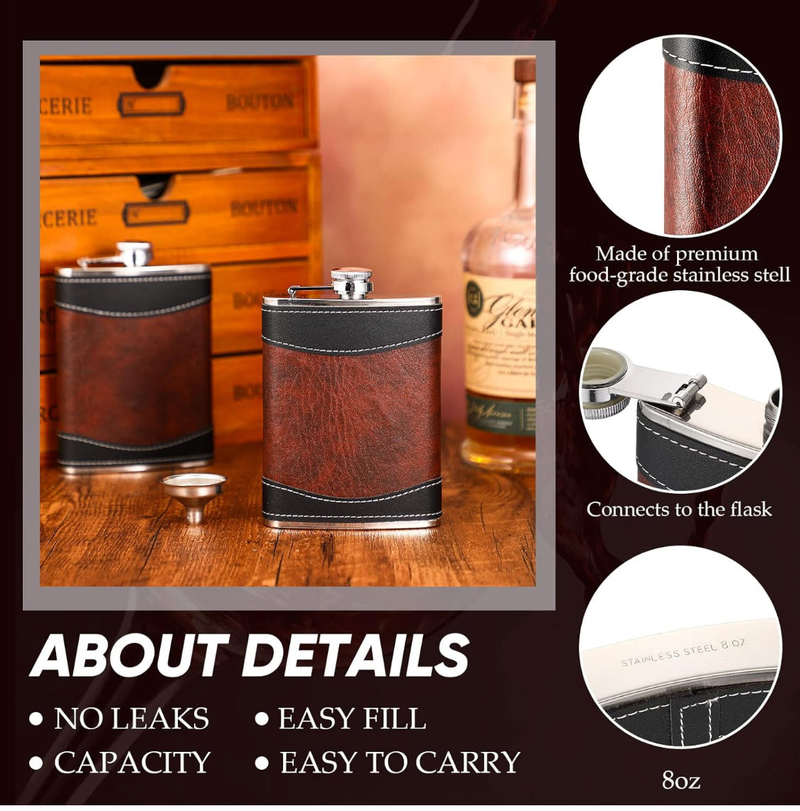 Custom Leather Wrapped Flask – 8oz Stainless Steel Leakproof Design