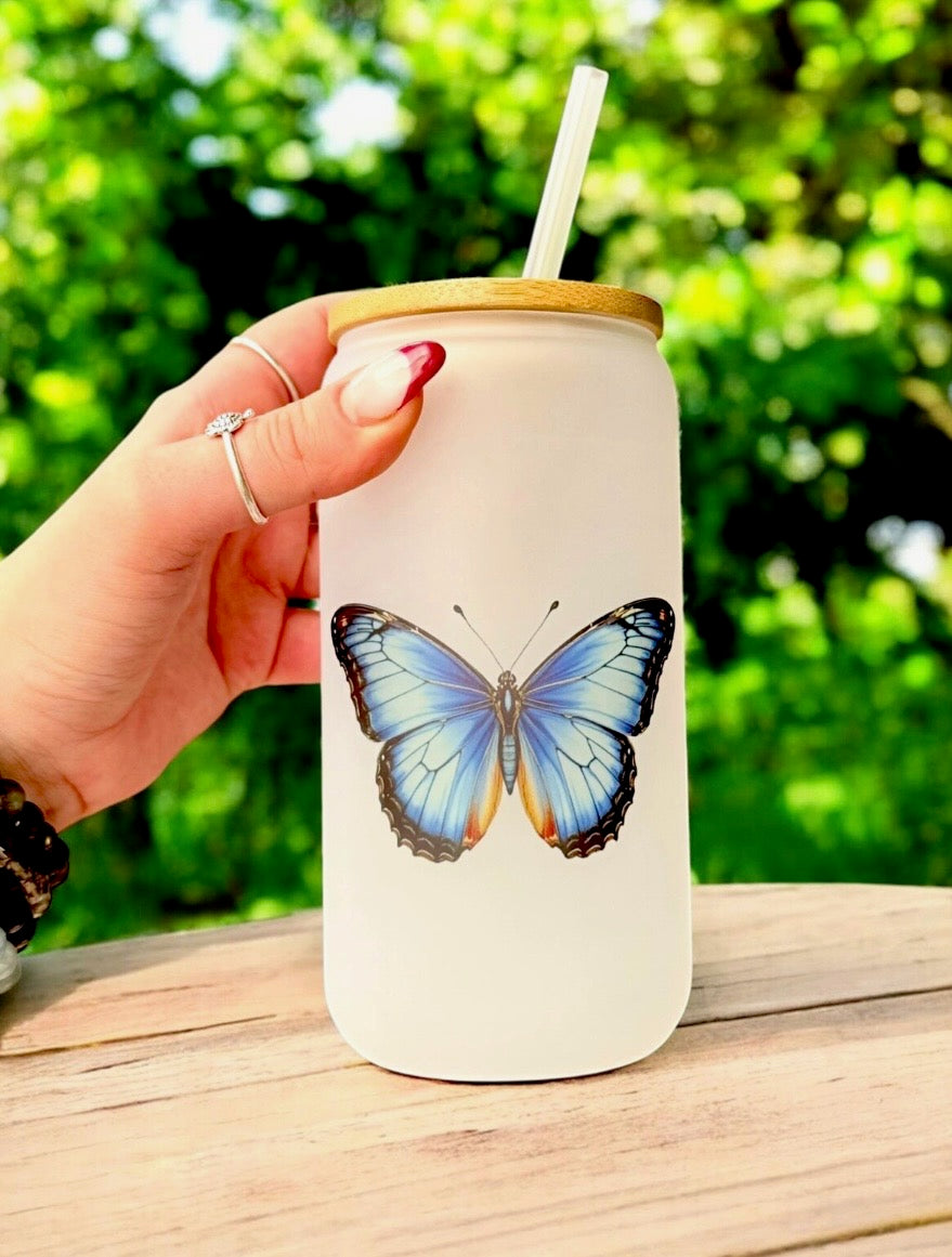 16 OZ FROSTED GLASS TUMBLER, Glass Tumbler w/ Bamboo Lid & Straw