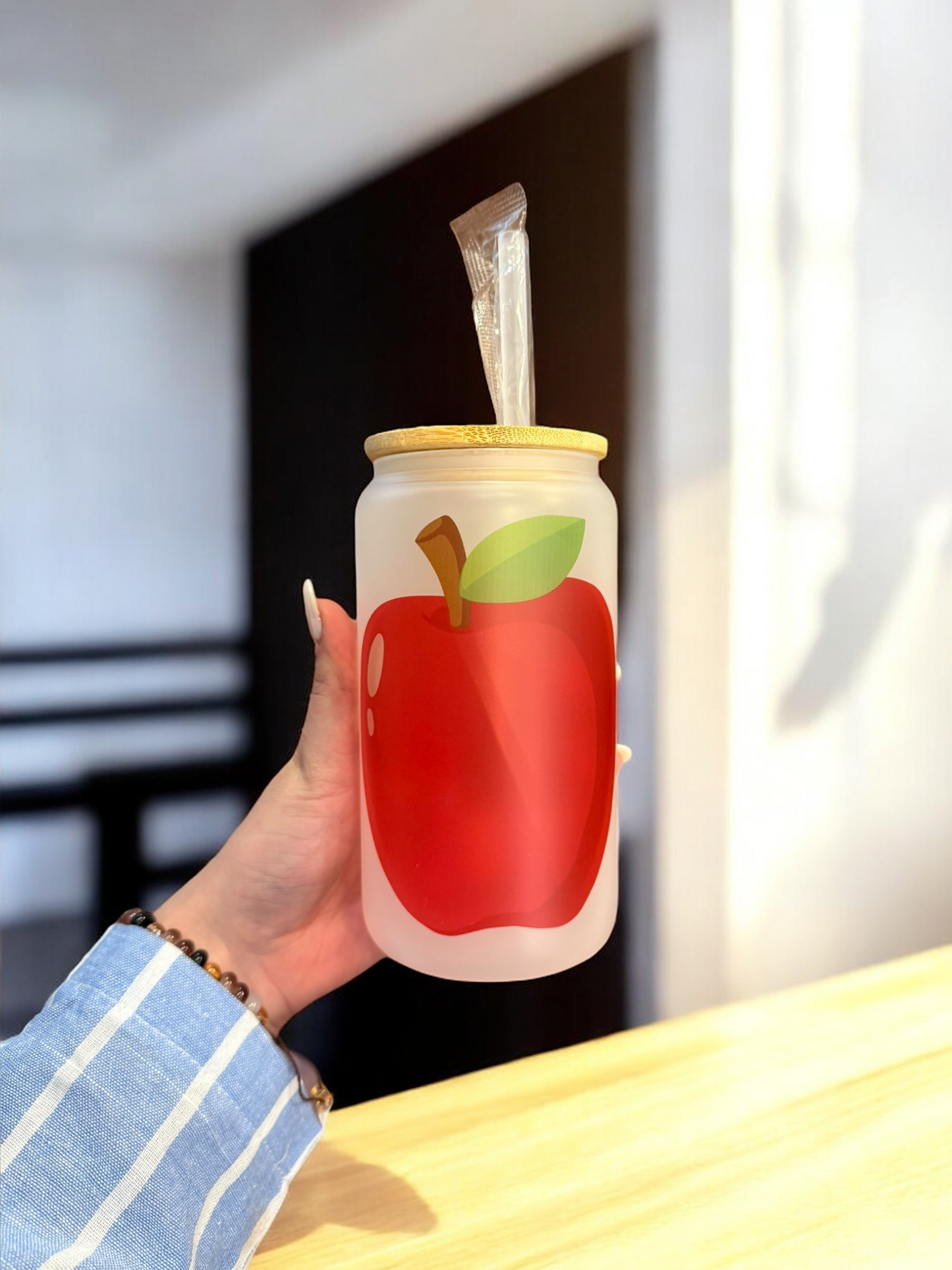 16 OZ FROSTED GLASS TUMBLER, Glass Tumbler w/ Bamboo Lid & Straw