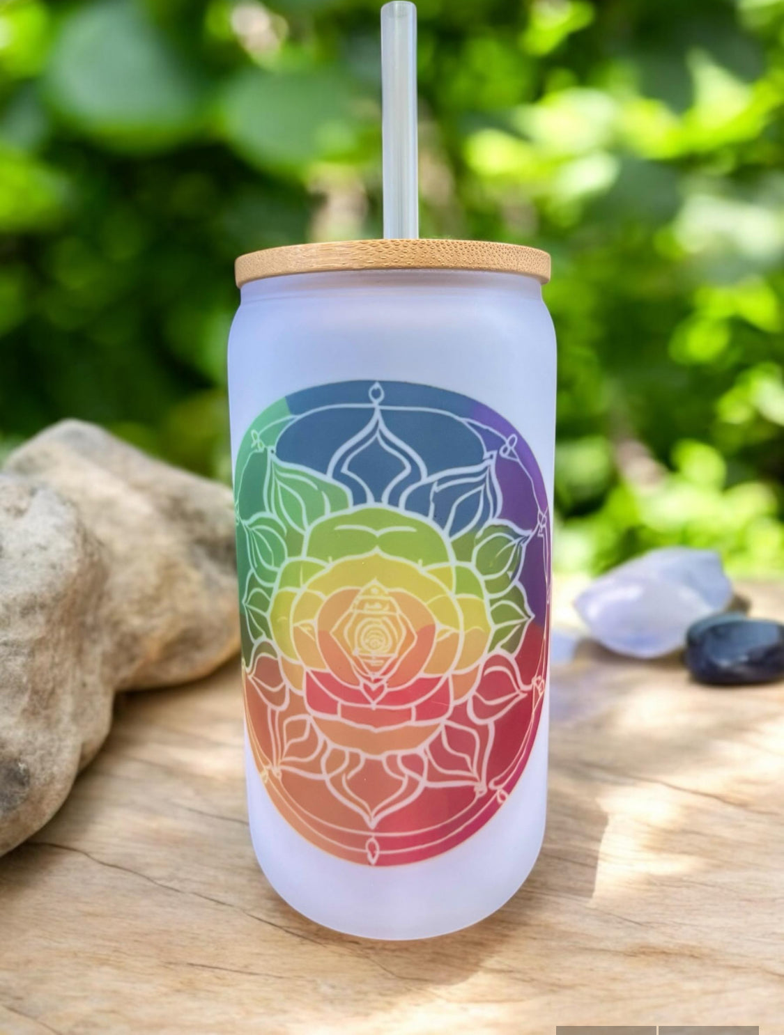 16 OZ FROSTED GLASS TUMBLER, Glass Tumbler w/ Bamboo Lid & Straw