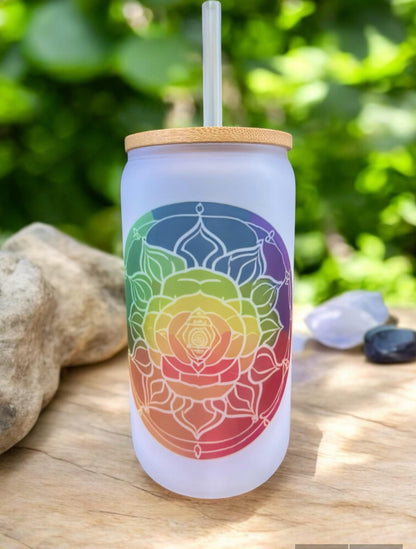 16 OZ FROSTED GLASS TUMBLER, Glass Tumbler w/ Bamboo Lid & Straw