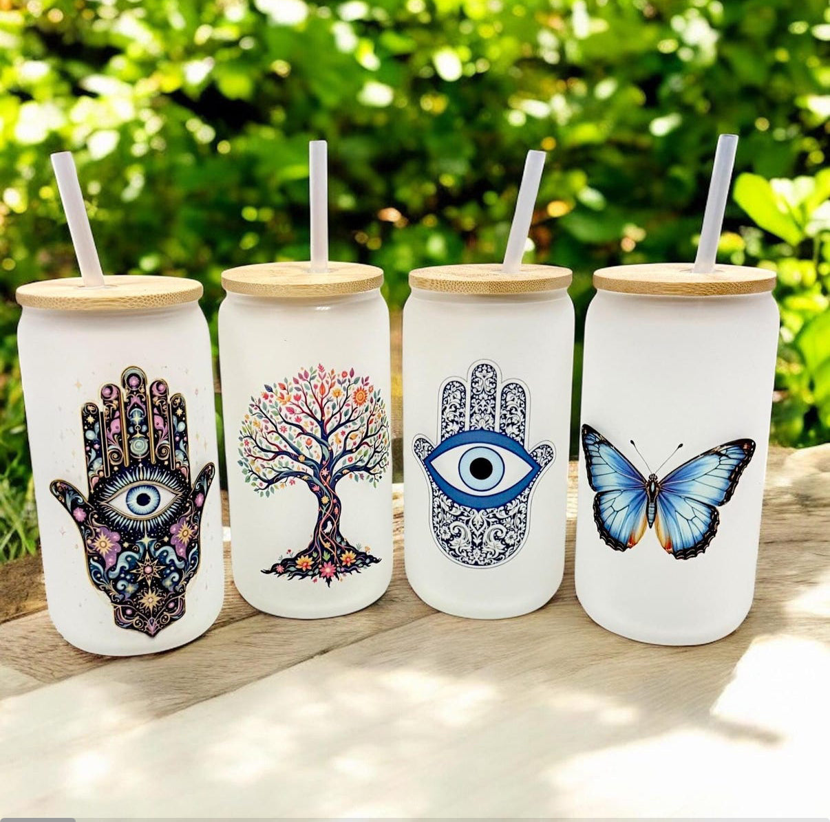 16 OZ FROSTED GLASS TUMBLER, Glass Tumbler w/ Bamboo Lid & Straw