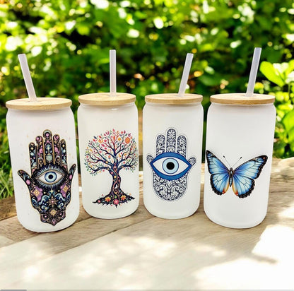 16 OZ FROSTED GLASS TUMBLER, Glass Tumbler w/ Bamboo Lid & Straw